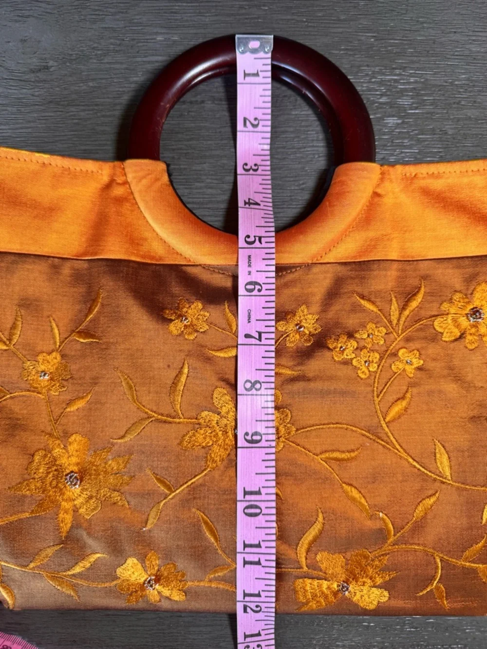 100% Silk Vintage Embroidered Wooden Circle Handle Bag Purse Orange
